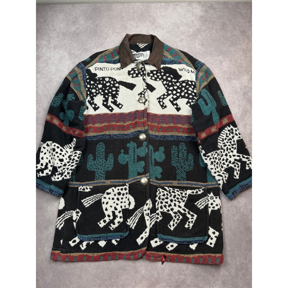 VTG Bronco Billy's Western Horse Cactus Tapestry Knit Jacket Concho Sz L USA